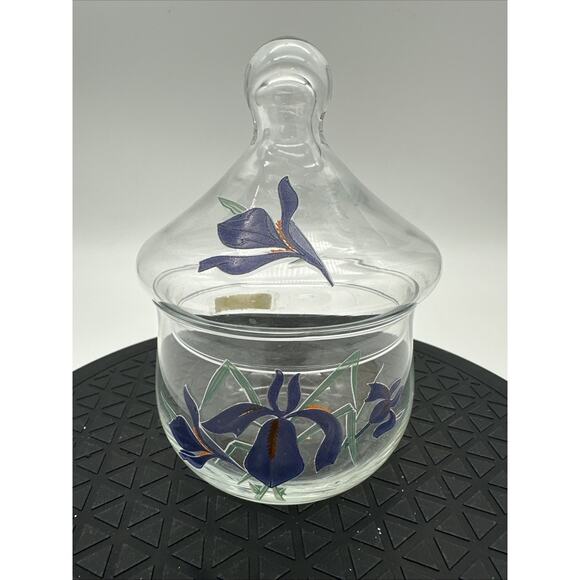 Turkish Handcrafted Crystal Clear Purple Bearded Iris Floral Lidded Candy Dish - Picture 1 of 6